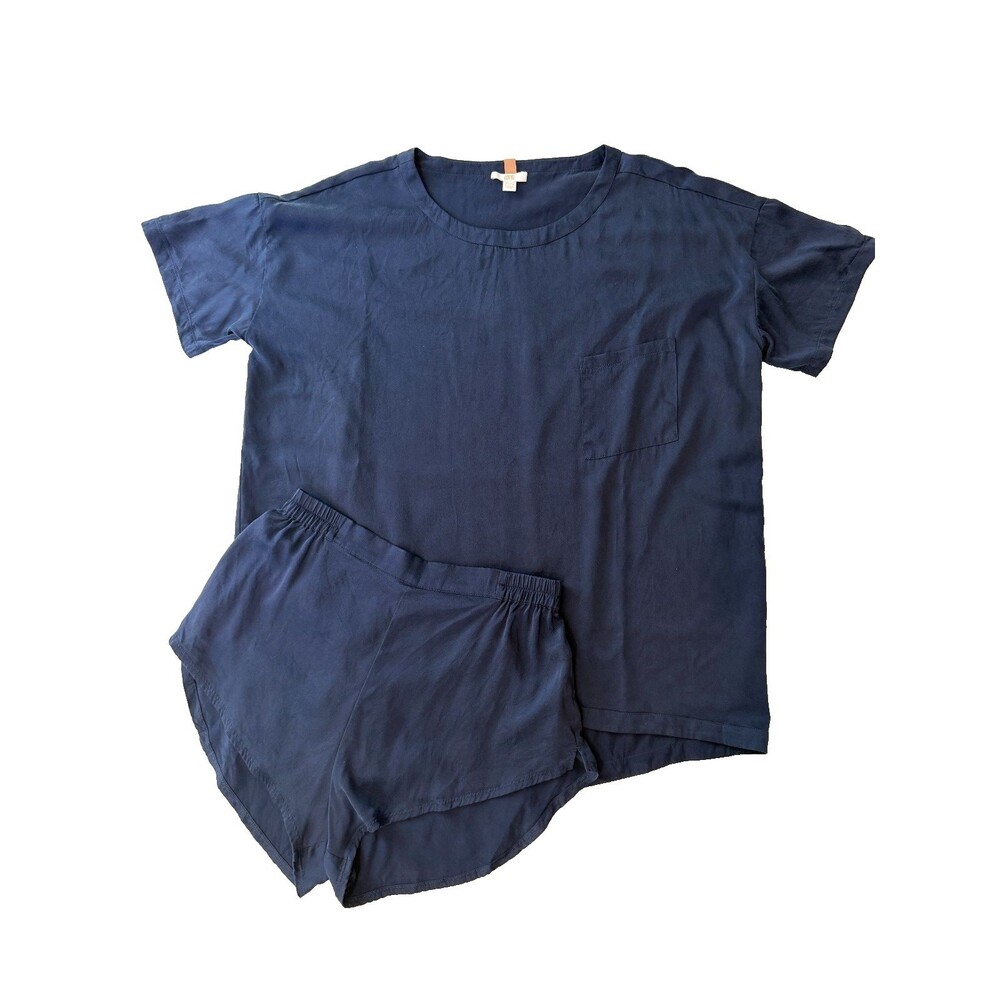 LUNYA Good in Bed Women's Size XS/S Washable Silk Tee Short Set in Deep Blue